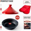 Uno Casa Tagine Pot - 3.65-Quart Moroccan Tajine with Enameled Cast Iron Base and Ceramic Cone-Shaped Lid, High-Quality Cookware- Red Double Oven Mitts Included
