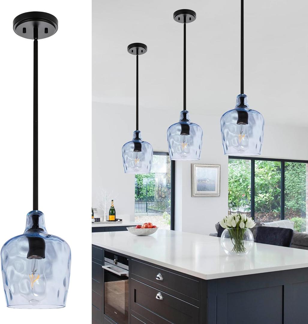 VINLUZ 3 Pack Industrial Metal Pendant Lighting, Black Finish Hanging Ceiling Kitchen Island Light Fixture with Blue Clear Glass for Dining Room Cafe Bar