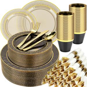 350PCS Clear Black Plastic Plates for 50 Guests, Disposable Dinnerware Set for Party and Graduation, Includes 100 Plastic Plates, 50 Pre Rolled Napkins with Gold Silverware, 50 Cups