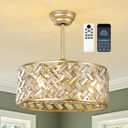 Crystal Caged Ceiling Fan Light: 20'' Gold Fandelier Ceiling Fan Light Modern with APP Control/Remote/6 Speed/Timer Semi Flush Mount Chandelier for Bedroom Living Dining Room Kitchen Nursery, E12 Base