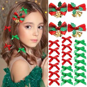 SAWINDA 24Pcs Christmas Hair Bows Clip With Bells Red Green Mini Bowknot Ribbon Barrettes Sweet Cute Bow Claw Clips for Teens Hair Accessories for Teens and Girls