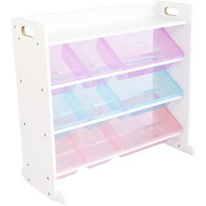 Humble Crew Toy Storage Organizer with 9 Removable Storage Bins for Kids Playroom, 3-Tier with Top Shelf Toddler Toy Organization and Storage, White/Purple/Pink/Blue