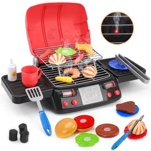Kids Play Food Grill with Pretend Smoke Sound Light Kitchen Playset BBQ Accessories Camping Cooking Set Barbecue Toddler Girl Boy Toy 2 3 4 5 6 Year Old 4-8 Birthday Kid Toy Idea