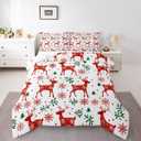 Feelyou Xmas Deer Elk Decor Bedding Set Soft for Boys Girls, Merry Christmas Comforter Set Full Size Snowflake Duvet Quilt Microfiber Bedroom Decor 3 Pcs with 2 Pillow Cases (Red Green)