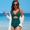 Charmo Womens One Piece Swimsuit Ruched Tummy Control High Cut Backless V Neck Bathing Suits Swimwear (Blue, L)