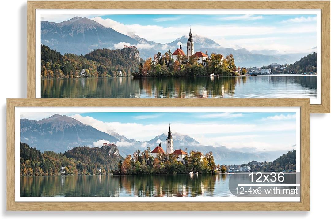 Hongkee 12x36 Picture Frame 2 Packs, Real Glass and Natural Oak Wood Frame, Display Collage Pictures Twelve 4x6 With Mat or Pennant 12 x 36 Without Mat - Horizontal or Vertical Wall Mounting