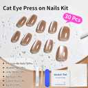 JODSONE 30PCS Nude Cat Eye Press on Nails Set Reusable Short Square Fake Nails Acrylic Diamond Shine Glossy Nature Stick on Nails for Women