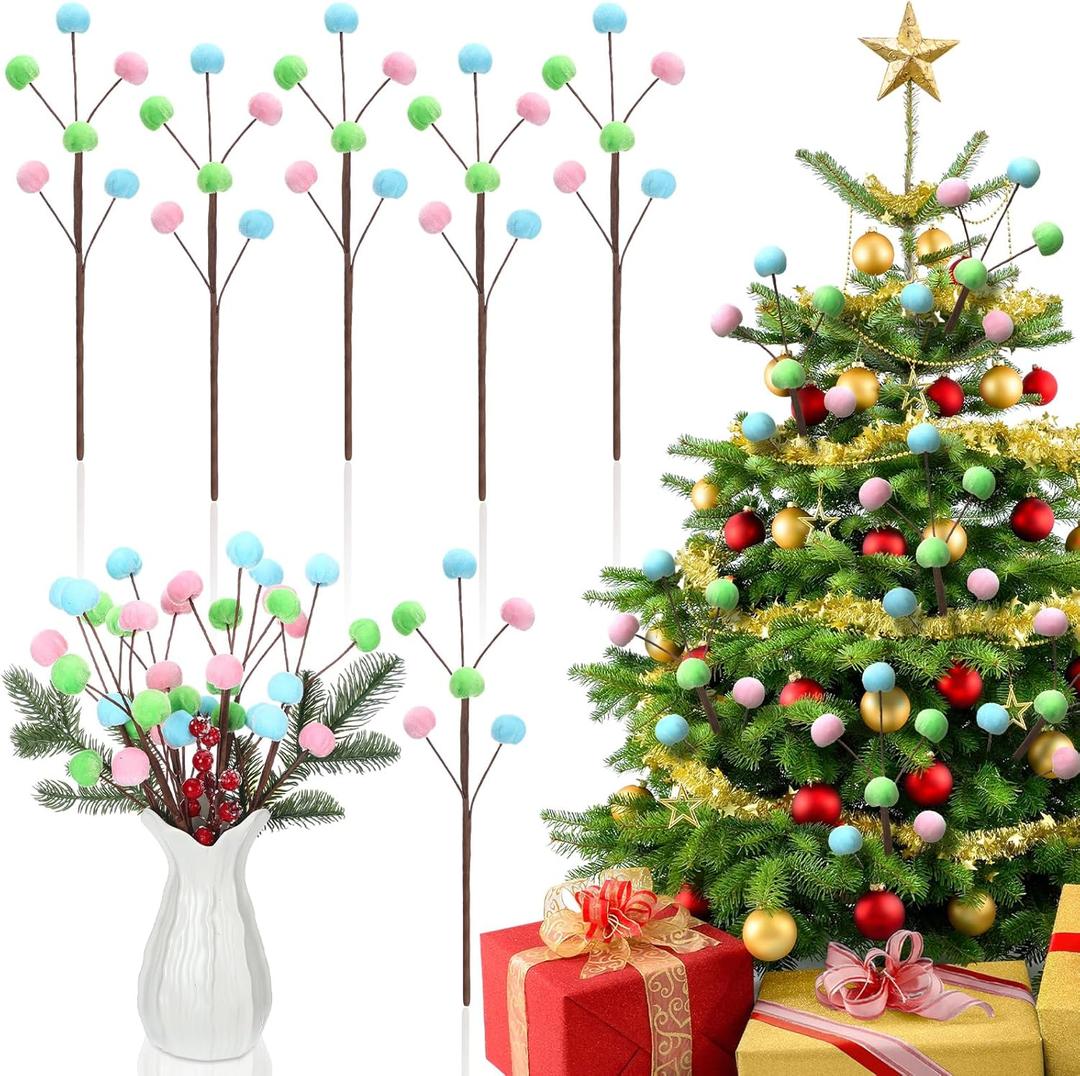 6 Pcs 14 Inch Christmas Tree Picks Velvet Christmas Ornaments Spheres Ball Pick Velvet Xmas Tree Branches Hanging Decoration Wreath Home Office Party Ornament(Pastel)