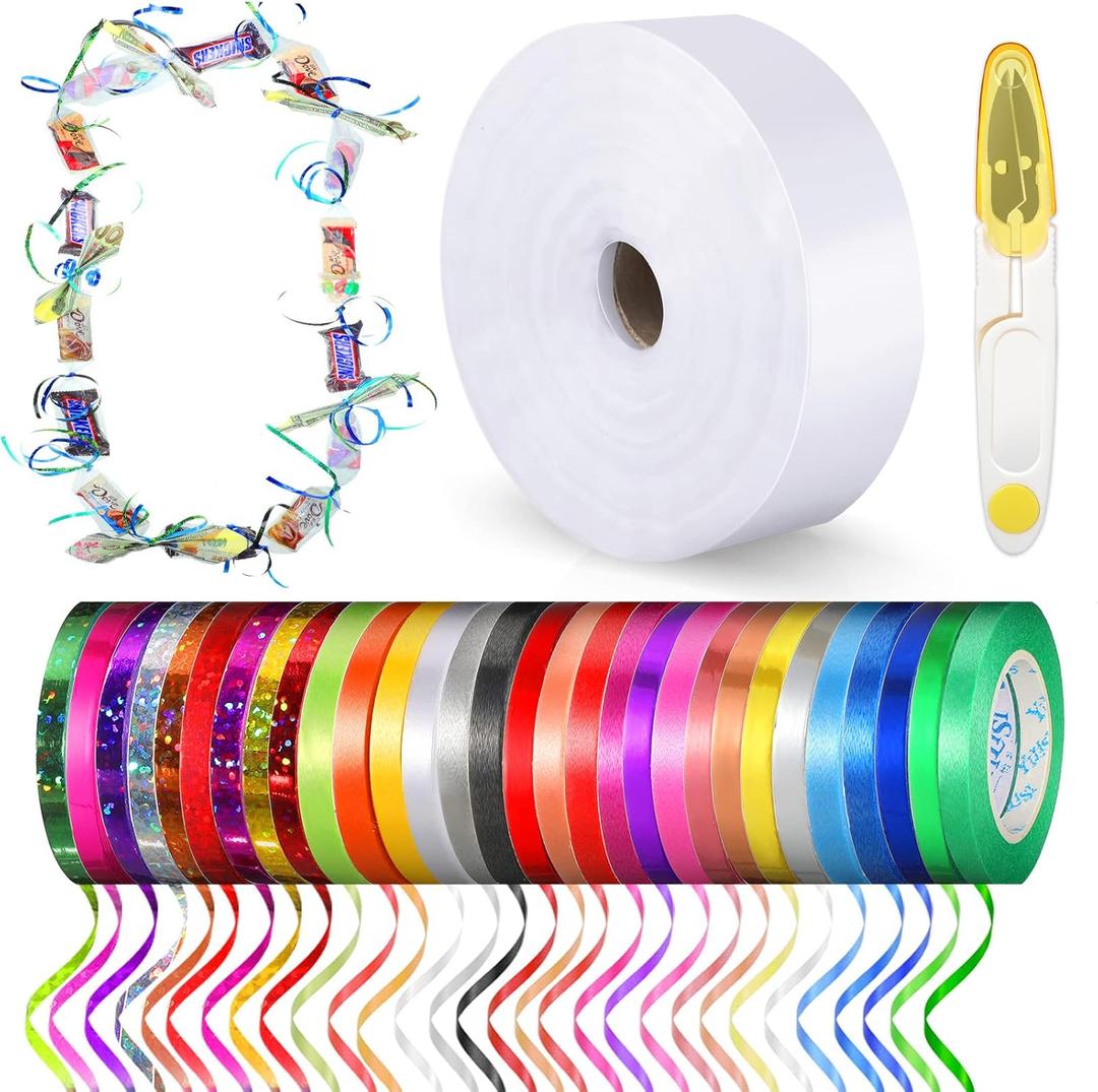 Candy Lei Making Kit for Graduation, Include 2 Inch x 1000 ft Poly Tubing Roll, 30 Pcs Balloon String Ribbon, Clear Candy Lei Netting Bags for Graduation Crafts Wreaths DIY with 1 Yarn Scissors