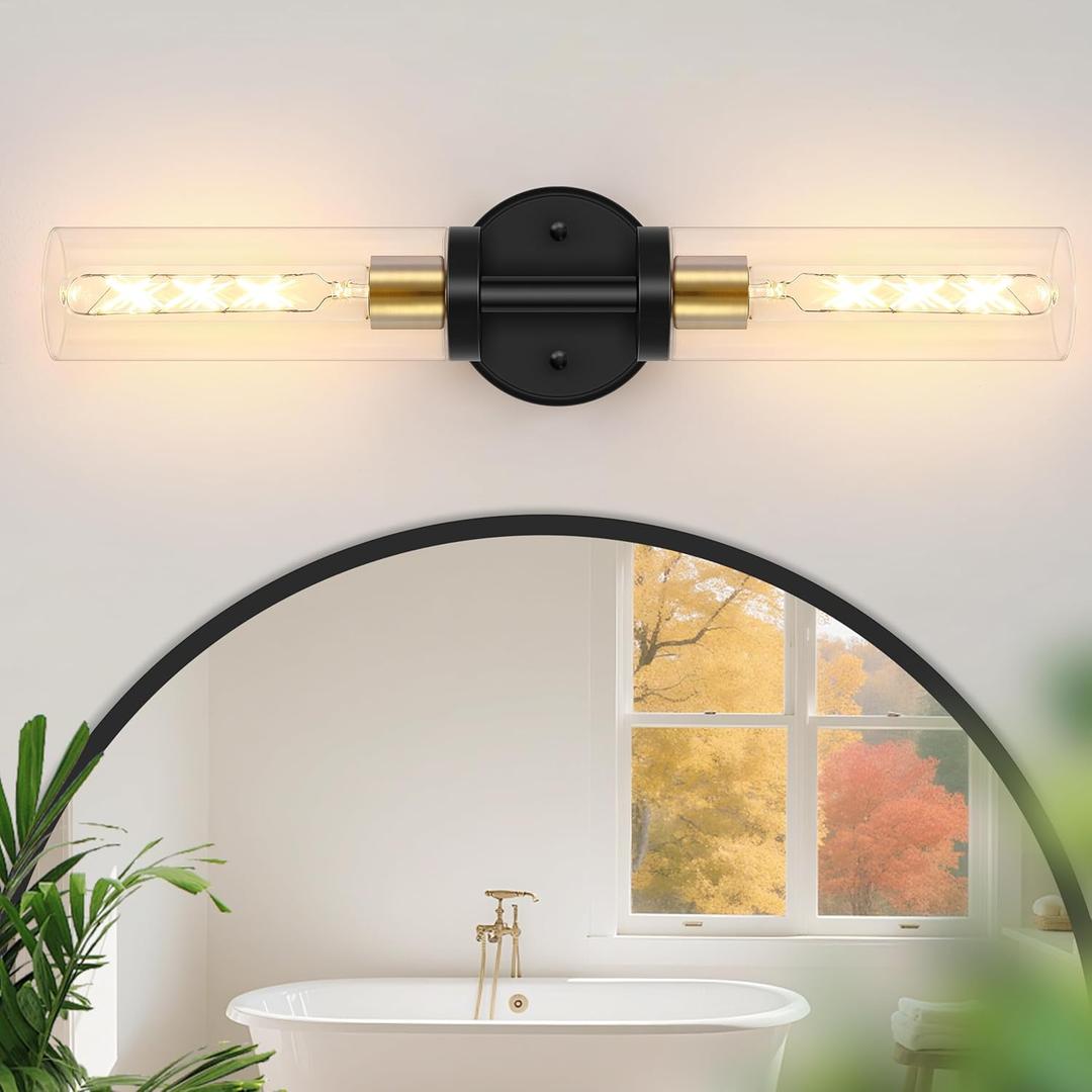 Baocuz 2-Light Bathroom Lighting Fixtures Over Mirror, Black and Gold Vanity Lights for Bathroom, Modern Sconces Wall Lighting with Clear Glass for Bathroom, Bedroom, Living Room (1-Pack)