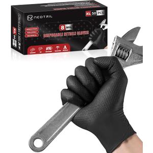 8 Mil Heavy Duty Disposable Nitrile Gloves with Diamond Texture Grip Rubber Gloves Latex & Powder Free (Large, Box of 50 / Black)