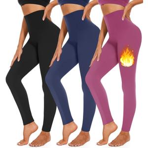 3 Pack Fleece Lined Leggings Women High Waisted Warm Winter Yoga Pants for Women Thermal Running Workout Leggings, Large-X-Large, Black/Navy/Dark Pink