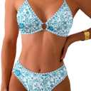 Fanuerg Women's Triangle Bikini Sets O Ring Linked Two Piece Swimsuits Floral Printed Cheeky Bathing Suit (Large)