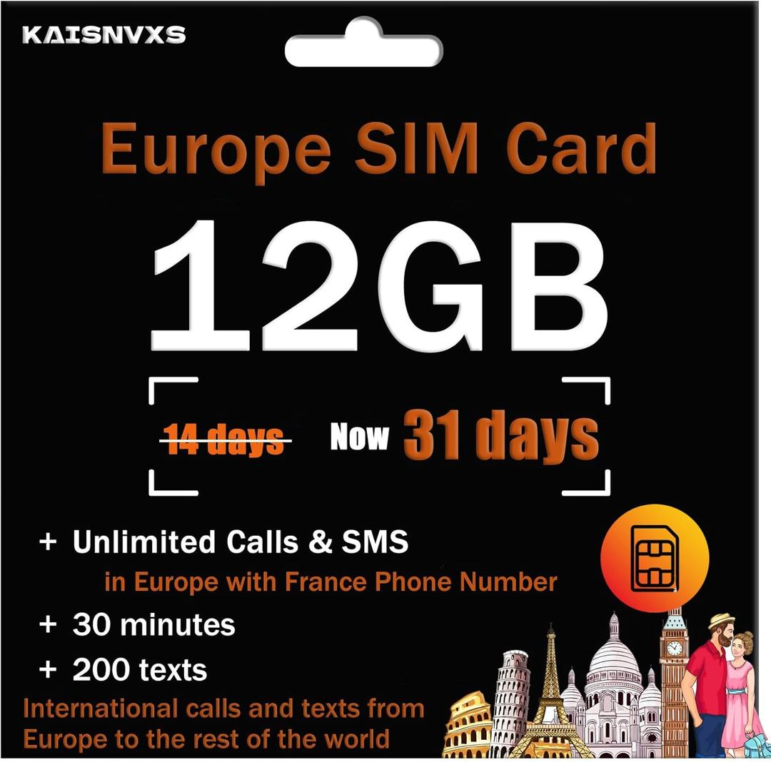Prepaid SIM Card for Europe Travel with 12GB of 4G Data, Unlimited Calls and SMS in Europe with France Phone Number, 30 mins and 200 SMS from Europe to Worldwide(Lasts for 31 Days),Tethering Allowed