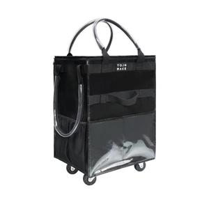 Reusable Grocery Bag On Wheels(Medium -Black), Rolling Tote Bag, Shopping Cart with 8 Pockets and Zipper Cover for Trips, Foldable, Heavy Duty Handles, Carries Up to 46LBS