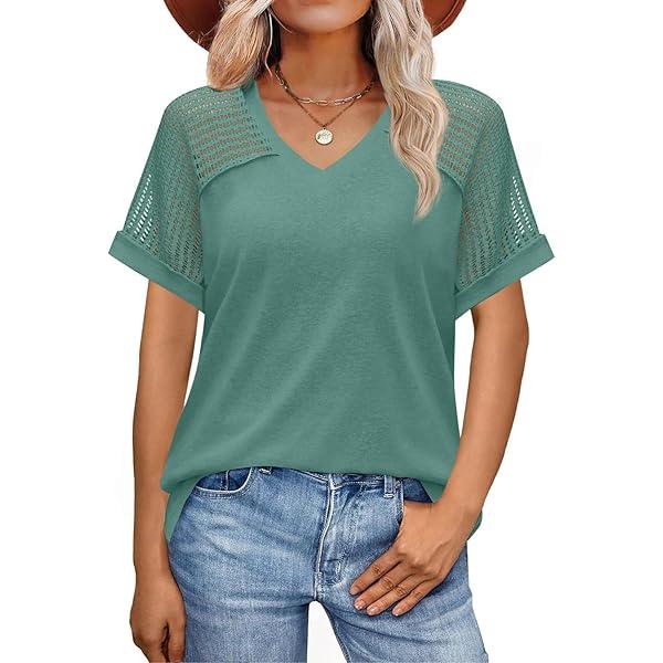 JUSTFASHIONNOW
 Womens Short Sleeve Crewneck Shirts Ribbed Knit High Low Hem T Shirt 2025 Summer Spring Casual Tops Trendy Clothes Green Medium
