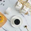 YOLIFE Espresso Cups with Saucers Set and Gold Metal Stand, 4oz Coffee Espresso Cups Set of 6, Ceramic Expresso Shots Cup with Stand & Saucers, White