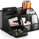 Mesh Metal Desktop Organizer Office Box with Pen Holder and Desktop Accessory Storage Basket, 7 Compartments, Black