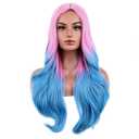 BERON Pink Ombre Blue Long Wavy Wig for Women Girls Two Tone Middle Part Curly Heat Resistant Synthetic Wigs Cosplay Costume Party Daily Wig