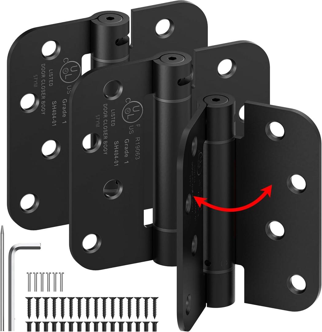3-Pack Self Closing Door Hinges, 4 Inch Spring Loaded Door Hinges, Adjustable Tension for Exterior,Garage, Front Back Door,Left Right Hand Door, 5/8'' Radius Corners,UL Listed,Black