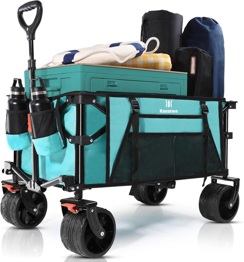 Navatiee Big Wheels Collapsible Wagon Cart Foldable, Heavy Duty Beach Wagon with Silent All-Terrain Wheels, Folding Utility Grocery Cart with Side Pocket and Brakes for Camping Garden Sports, Blue (Light Blue)