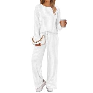 LILLUSORY Womens Lounge Sets 2 Piece Matching Pajamas Fall Fashion 2026 Ribbed Knit Outfits Long Sleeve Casual Sweatsuits Trendy Plus Size Sweaters Cute Sleep Wears Travel Soft Clothes White S