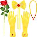 U-Goforst Princess Costume Accessories for Women, Yellow Hair Bow Gloves Necklace Rose Set for Halloween Dress Up Party