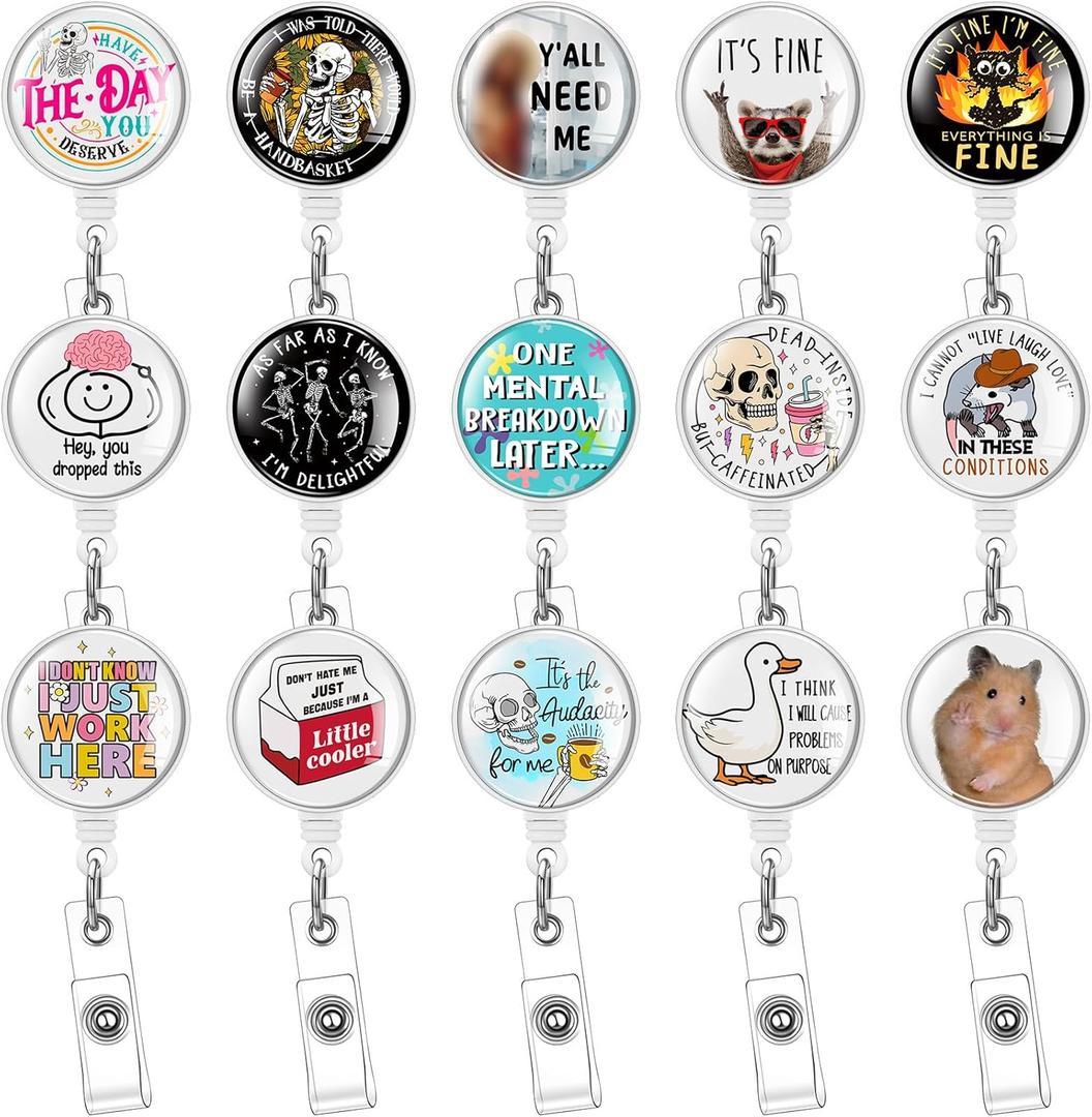 Landical 15 Pcs Nurse Funny Badge Reel Retractable Badge Reel for ID Tag Cardholder Clip Nursing Lanyard Supplies Accessories for Office Work Doctor Student