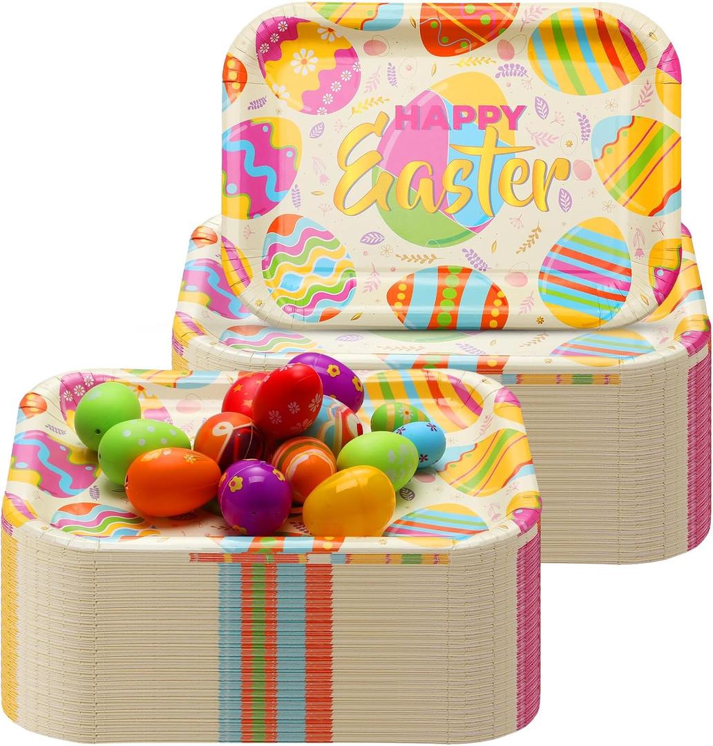 Ziliny 24 Pcs Easter Paper Platters 13" x 9" Disposable Serving Trays, Large Rectangular Easter Egg Paper Plates for Cookies Cake Dessert, Happy Party Tableware Supplies