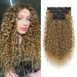 Clip in Hair Extensions, FLUFYMOOZ 4PC 100 Pure Protein Silk Hair Extensions Long Soft Natural Hairpiece 20 Inch Curly Hair Extension for Women (Dark Blonde to Light Brown)