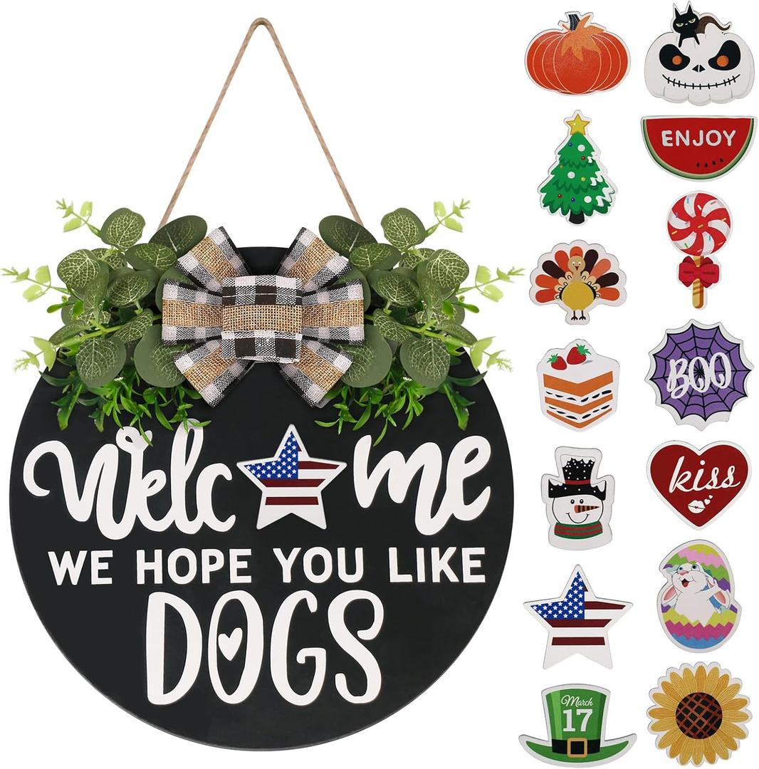 Interchangeable Wooden Seasonal Welcome Sign, Rustic Round Dogs Sign Front Door Wreaths for Home/Wall/Porch Decor, for Easter Spring Summer Fall Halloween Christmas All Season Decorations (Black)