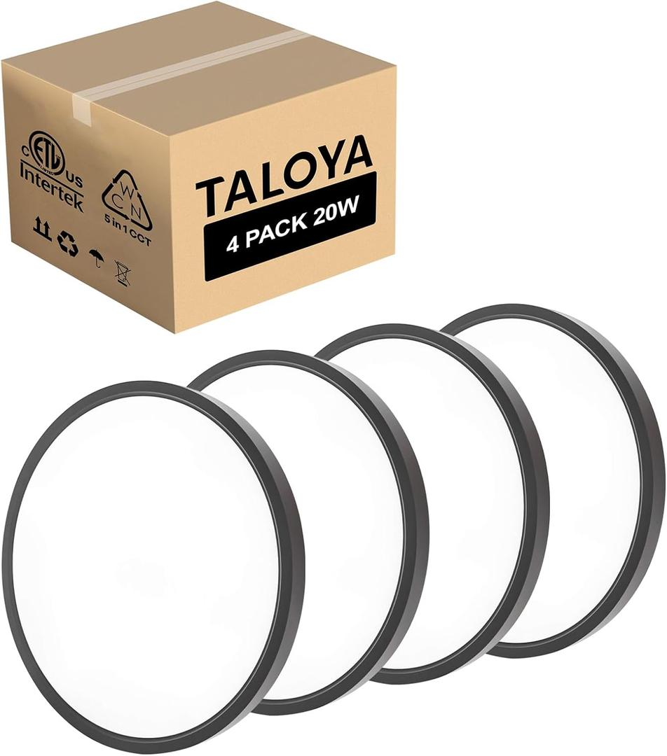 TALOYA Black Led Light Fixture Ceiling Flush Mount, Surface Mounted Fixture for Bedroom Office Porch Stairwell Utility Room 12 Inch 5CCT Lighting Options 4-Pack