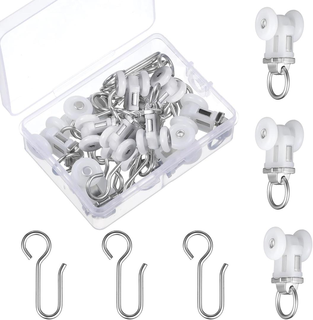 Zonon 100 Pcs Curtain Track Roller and Hooks Kit Dual Wheel Roller Carrier Ceiling Mount Gliders Stainless Steel Hooks for Ceiling Mounted Shower Curtains, Drapes, and Room Dividers