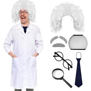 XonyiCos 8 Pcs Mad Scientist Costume for Adult Halloween Albert Einstein Costumes Mad Scientist Wig Lab Coat (White,XL)