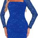 MOEENCN Women Mesh Dress Sparkly Sequin Long Sleeve Square Collar Pleated Bodycon Dresses Party Night Club Outfits Blue Star (Blue, XL)