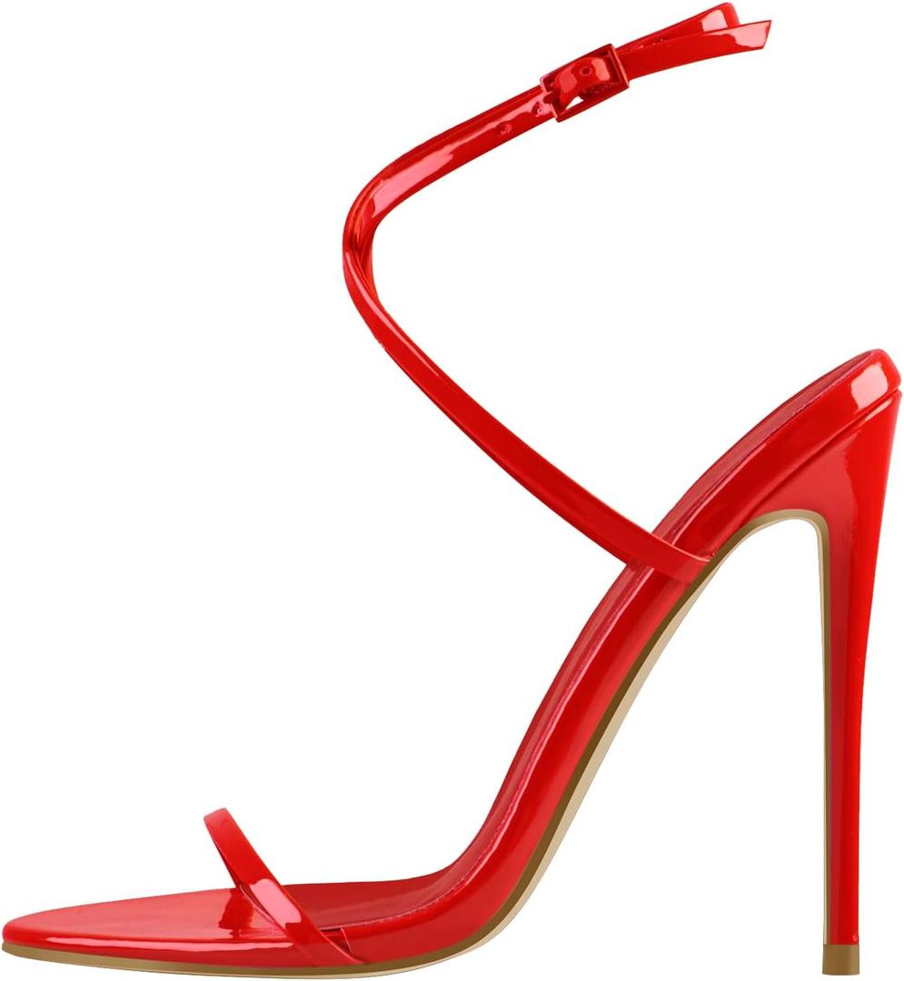 Strappy High Stiletto Heels, Ankle Strap Buckle Heeled Womens Sandals, Sexy Comfort Open Round Toe Heels for Daily Party Dress (7, Red)