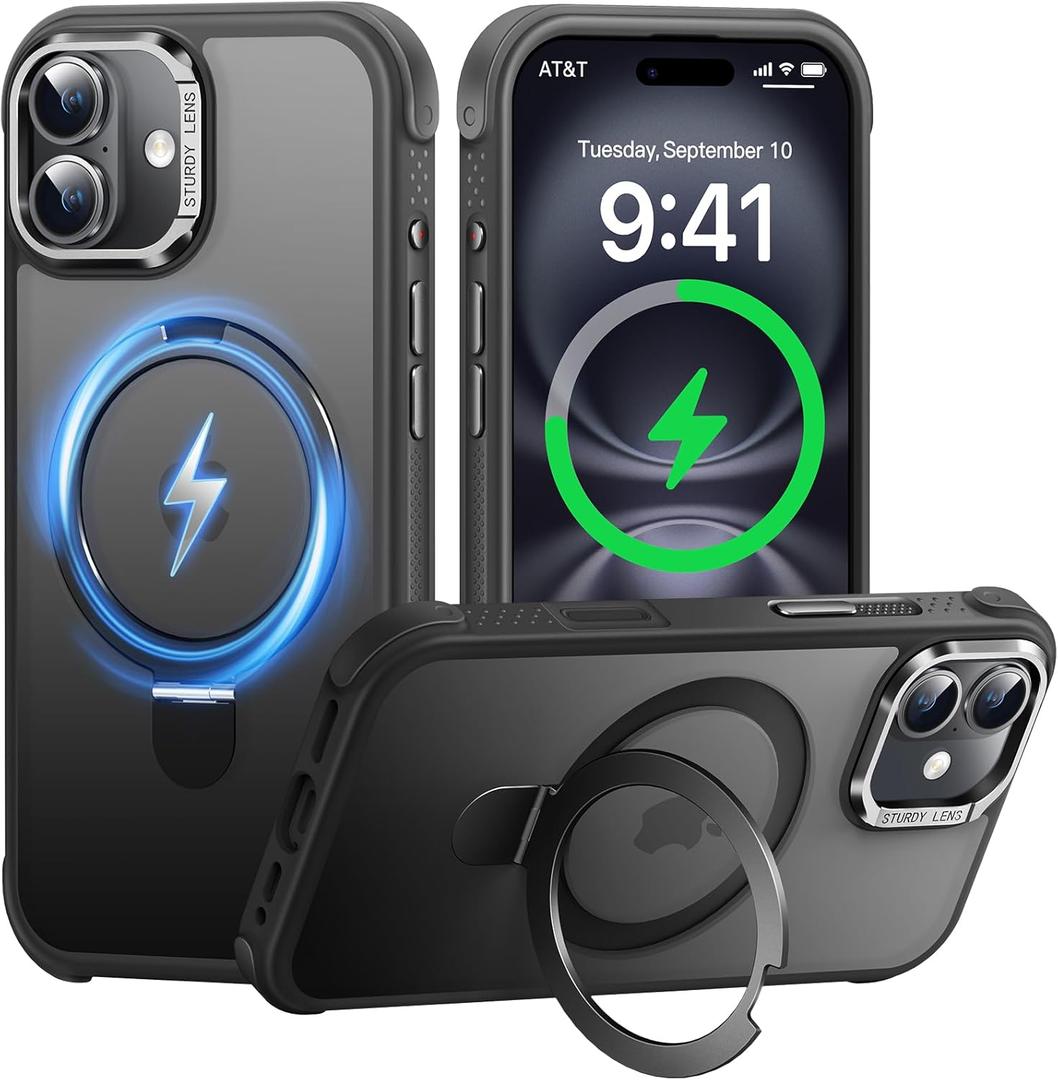 Case for iPhone 16 Plus, with Invisible Magnetic Stand, Mil-Grade Drop Protection, Non-Slip, Anti Fingerprint Anti Scratch, Shockproof Matte Phone Case (Black)