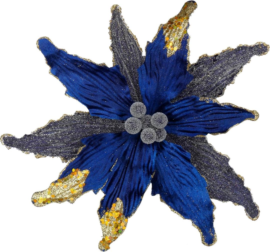 Briful 12'' Large Heads Christmas Glitter Poinsettia Flowers Christmas Tree Ornaments Set of 4 Artificial Flowers with Long Stems for Xmas Tree Party DIY Holiday Decorations, Black Blue