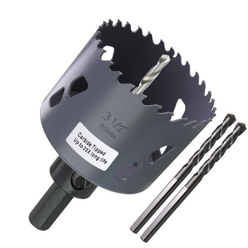 PLG2SUPT 3-1/2” 89mm Inch Carbide Hole Saw Cutter Multi-Purpose Hole Saw Bit for Hardy Plank MDF Air Brick Nail Embedded Wood 2.36” Depth Up to 30X More Cuts