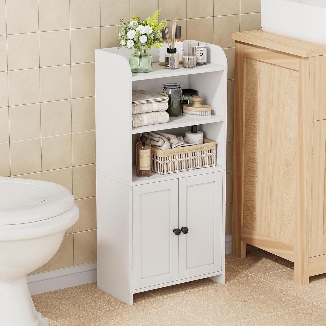 Homhedy Small Bathroom Storage Cabinet, Freestanding Toilet Paper Storage with 2 Doors and Shelves, Bathroom Organizers and Storage for Small Spaces, Laundry Room, 7.9" D x 14.6" W x 31" H, White