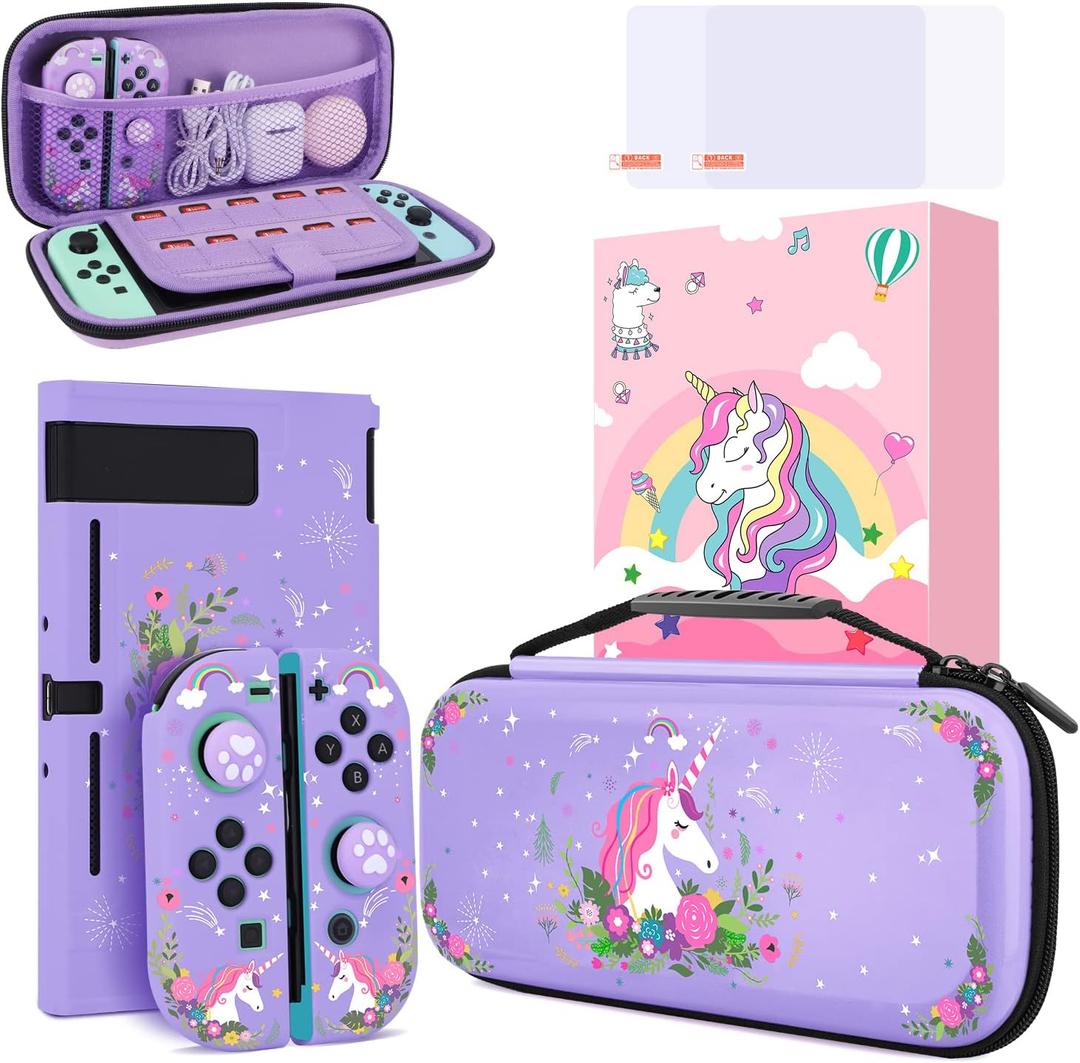 homicozy Cute Unicorn Protection Case for Nintendo Switch, Purple Hard Carrying Case with Soft TPU Protective Cover and Protection Accessories Compatible with Nintendo Switch for Girls