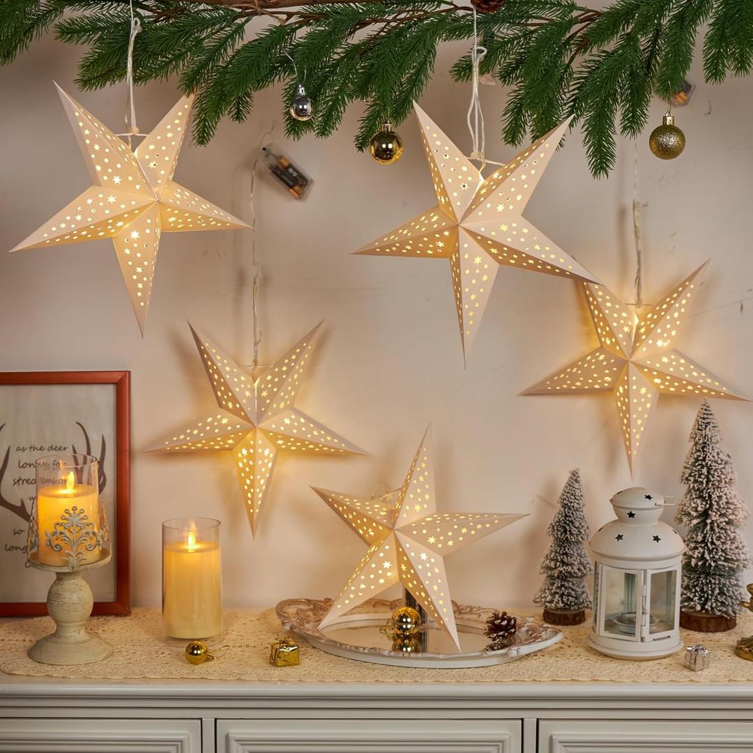 5PCS White Paper Star Lantern with Lights - 12 inch Hanging 3D Christmas Paper Star Lamp 5 Points Foldable Christmas Stars Light with Hollow Design for Home Xmas Wedding