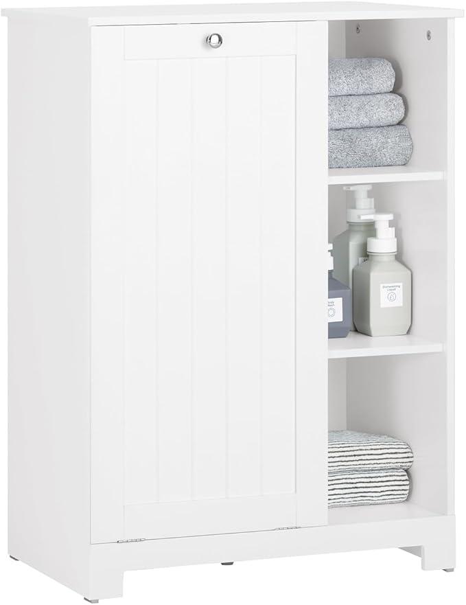 SoBuy Tilt Out Laundry Cabinet, Floor Standing Storage Cupboard with Basket Hamper Unit with Open Compartments, Bathroom White BZR105-W