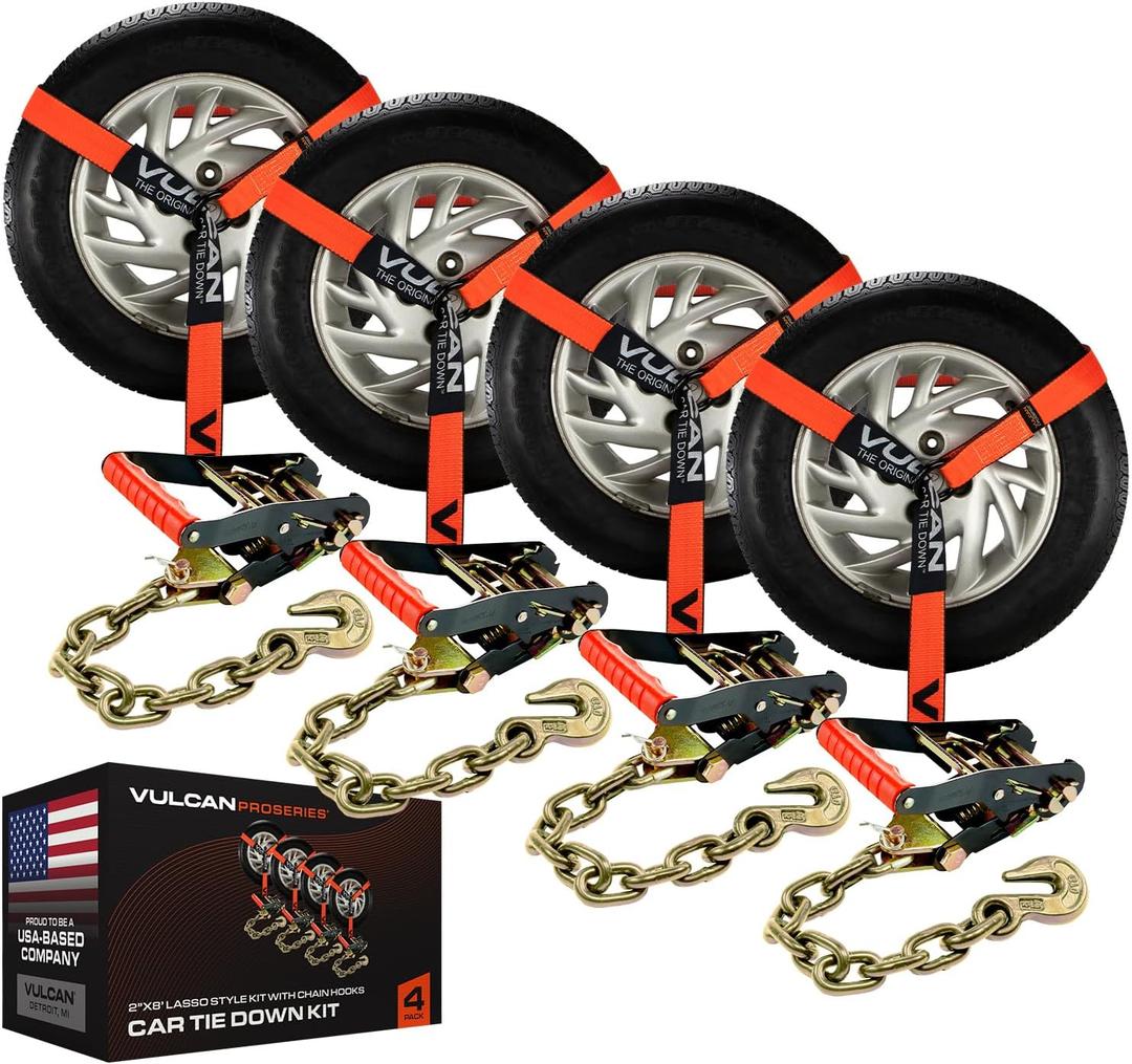 VULCAN Car Tie Down with Chain Anchors - Lasso Style - 2 Inch x 96 Inch - 4 Pack - PROSeries - 3,300 Pound Safe Working Load