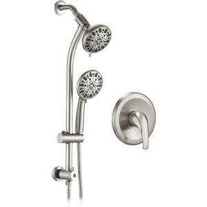 Instant-Mount Drill-Free Height/Angle Adjustable 2-Way Shower Head/Handheld Showerhead Slide Bar Combo (Brushed Nickel), Head Size: 5 inches