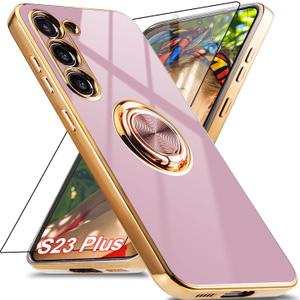 for Samsung Galaxy S23 Plus Case with 1 Screen Protector, Built-in 360 Rotation Ring Holder Magnetic Stand, Luxury Shiny Plating Edge Shockproof Electroplated Protective Cover (Purple/Golden)