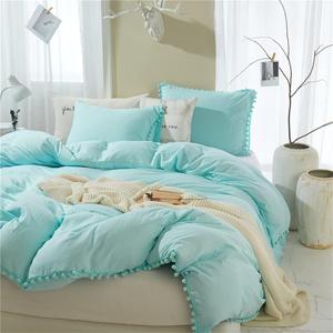 IHOUSTRIY Super Soft Duvet Cover and Pillow Shams Set, Microfiber, Pom Pom Fringe, Comforter Cover with Zipper and Ties, Easy Care, Simple Style Bedding Set, 3 Piece - Queen, Aqua (Turquoise Blue)