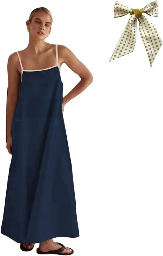 VANCOL Women's Linen Extra Long Dress Spaghetti Strap Summer Out Travel Vacation Sleeveless Long Dresses Navy Blue, Size: L
