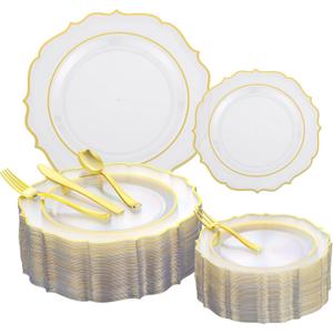 Noemie 300 PCS Premium Clear Plastic Plates, Clear Baroque Dinnerware Set for 50 Guests with Gold Trim Include 50 Dinner & 50 Dessert Plates, 200 Gold Silverware Set