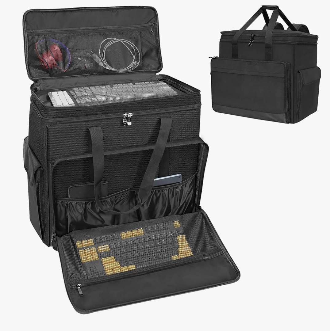 Foshanyifei Double Layer Computer Desktop Tower Carrying Case, Desktop Computer Travel Storage Bag for PC Chassis, Keyboard, Mouse (Black)